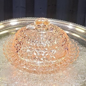 Vintage Pink Buttons & Bows Covered Butter Dish - Jeannette Glass, Depression Glass, Holiday Pattern, Pink Butter Dish, Vintage Decor
