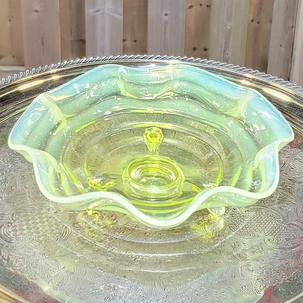 Vintage Fenton Ruffle Opalescent Uranium Glass Footed Bowl - Vintage Fenton, Glowing Dish, Canary Yellow Glass, Free Shipping