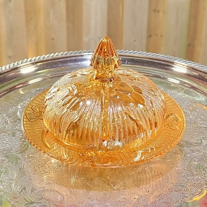 Collectible Jeannette Glass Butter Dish - Vintage Peach Lustre Carnival Glass Iris & Herringbone Design, 1930s Decor, Antique Butter Dish