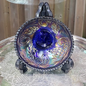 Elevate Your Collection with this Rare Fenton Six Inch Pinecone Pattern Bowl - Golden Hues and Vibrant Purple Iridescence
