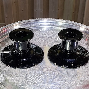 Classic Art Deco Beauty: Pair of Vintage Black Glass Candle Holders, Depression Glass, Antique Candle Stick Holders