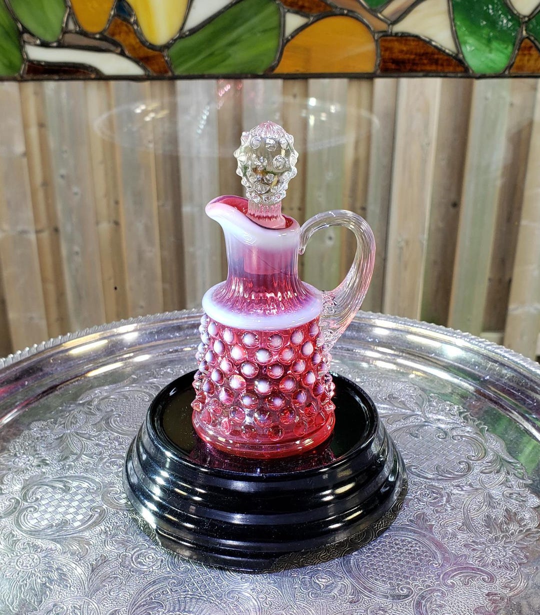 Vintage Fenton Cranberry Pink Opalescent Hobnail Cruet With