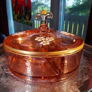 Fostoria Glass Dish - Peach Pink with Gold Enamel Floral Design