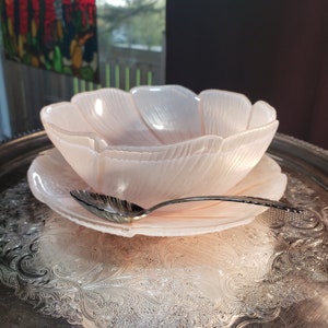 Vintage Frosted Pink Petal Bowl & Saucer Set: 1980s Decor