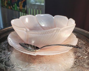 Vintage Frosted Pink Petal Bowl & Saucer Set: 1980s Decor
