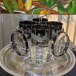 Vintage Ombre Highball Glasses Set: Silver Leaf Pattern, Wire Caddy