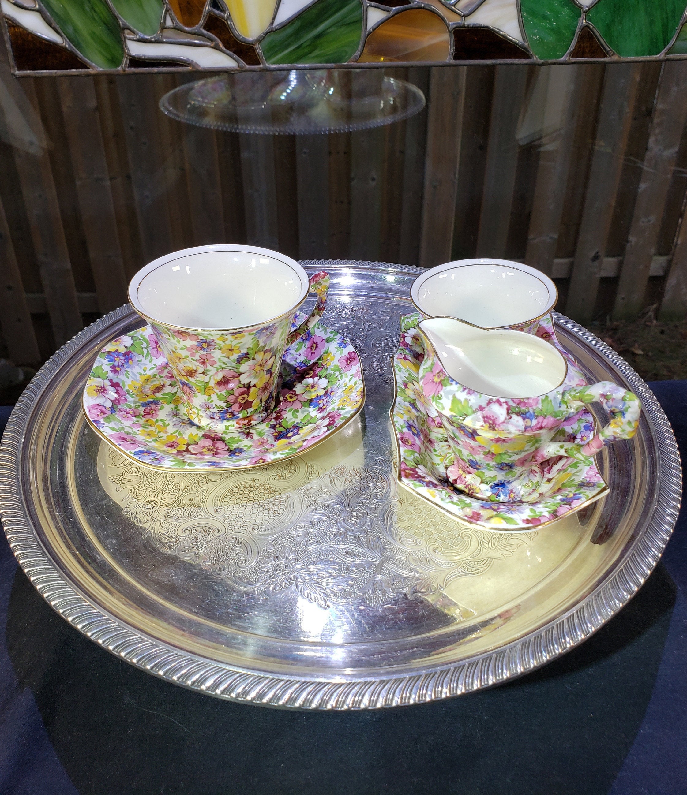 Vintage James Kent Du Barry Chintz Tea Set: Cup, Saucer, Creamer