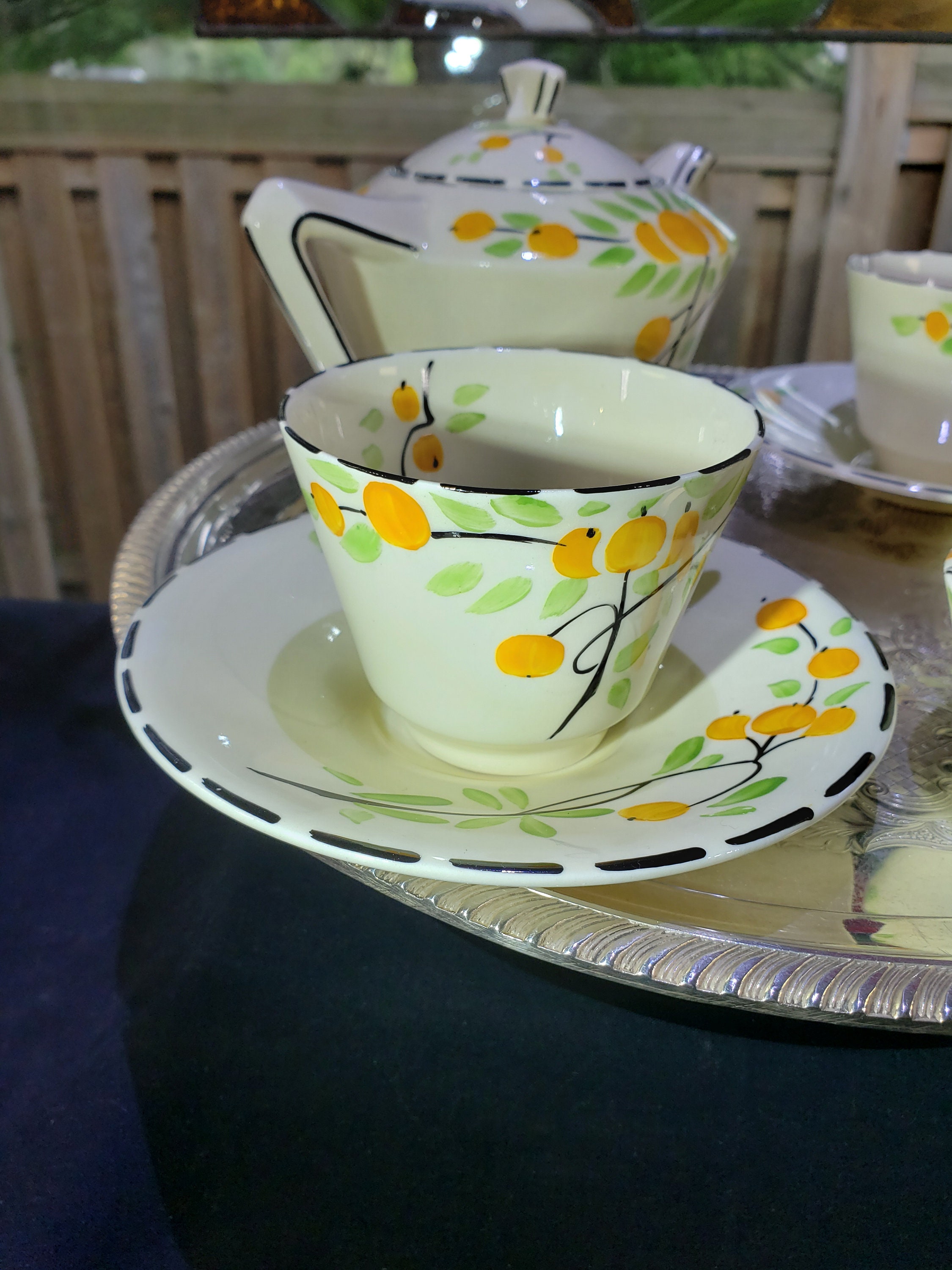 Vintage Crown Ducal Tea Set: Art Deco Orange Tree, Victory Shape