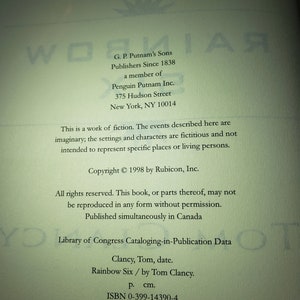 Vintage Tom Clancy Rainbow Six Hardcover First Edition - Copyright 1998, The Hunt For Red October image 6