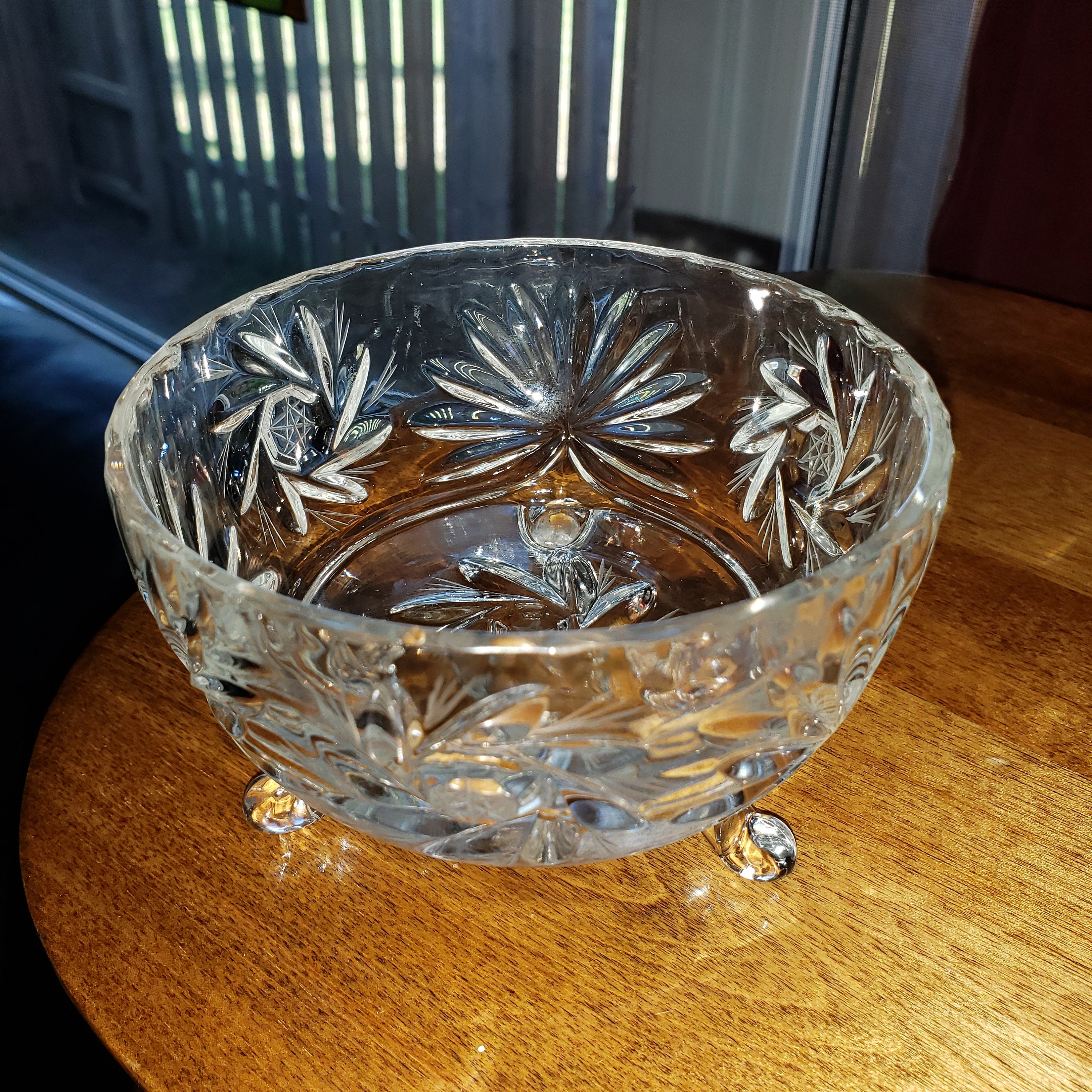 Vintage Footed Crystal Bowl With Pinwheel Pattern, Room Decor