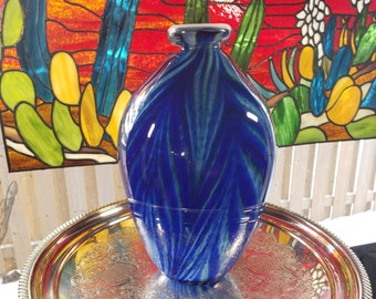 Retro Blue Art Glass Vase: Heavy MCM Decor