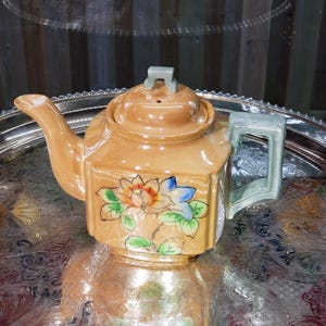 Vintage Teapot - Japanese Peach & Green Lusterware Floral Design, Unique Gift, Iridescent Teapot, Free Shipping