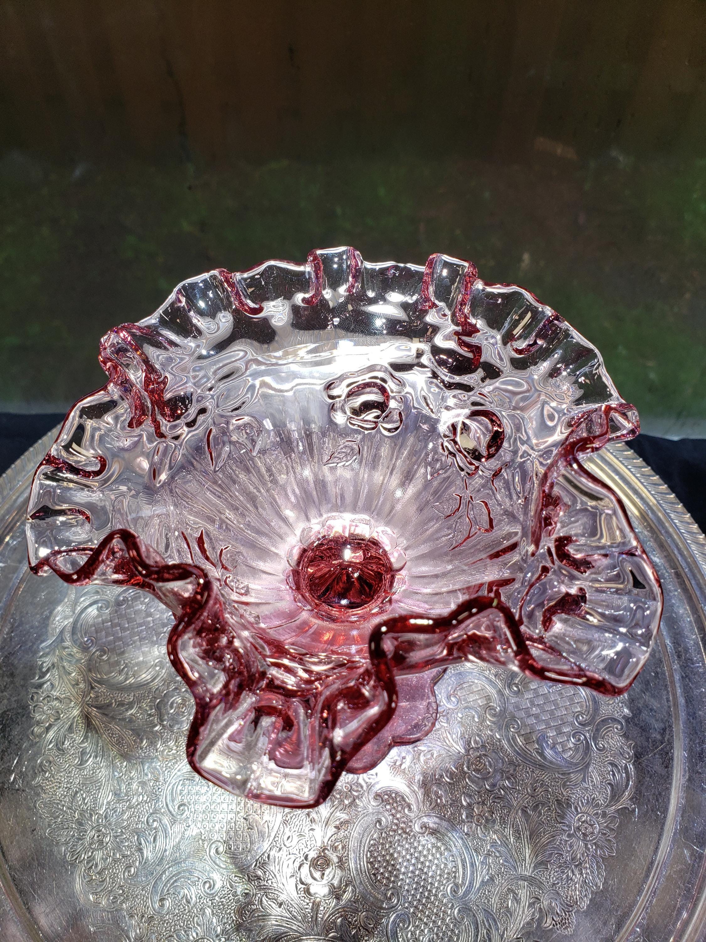 Fenton フェントン アンベリーナ キャベツ ローズ コンポート Pink Fenton Glass Comport - Cabbage Rose Ruffled Bowl - Etsy
