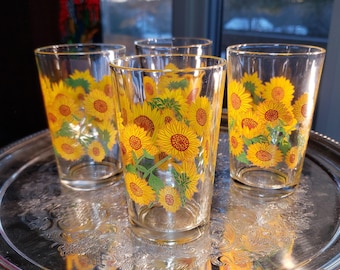 Sunflower Juice Glasses - Mid Century Floral Set of Four