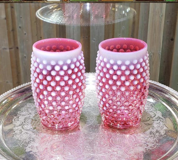Vintage Fenton Cranberry Opalescent Hobnail Tumblers: 12 Oz Barrel
