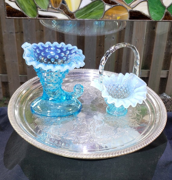 Vintage Fenton Opalescent Blue Hobnail Basket and Horn of Plenty