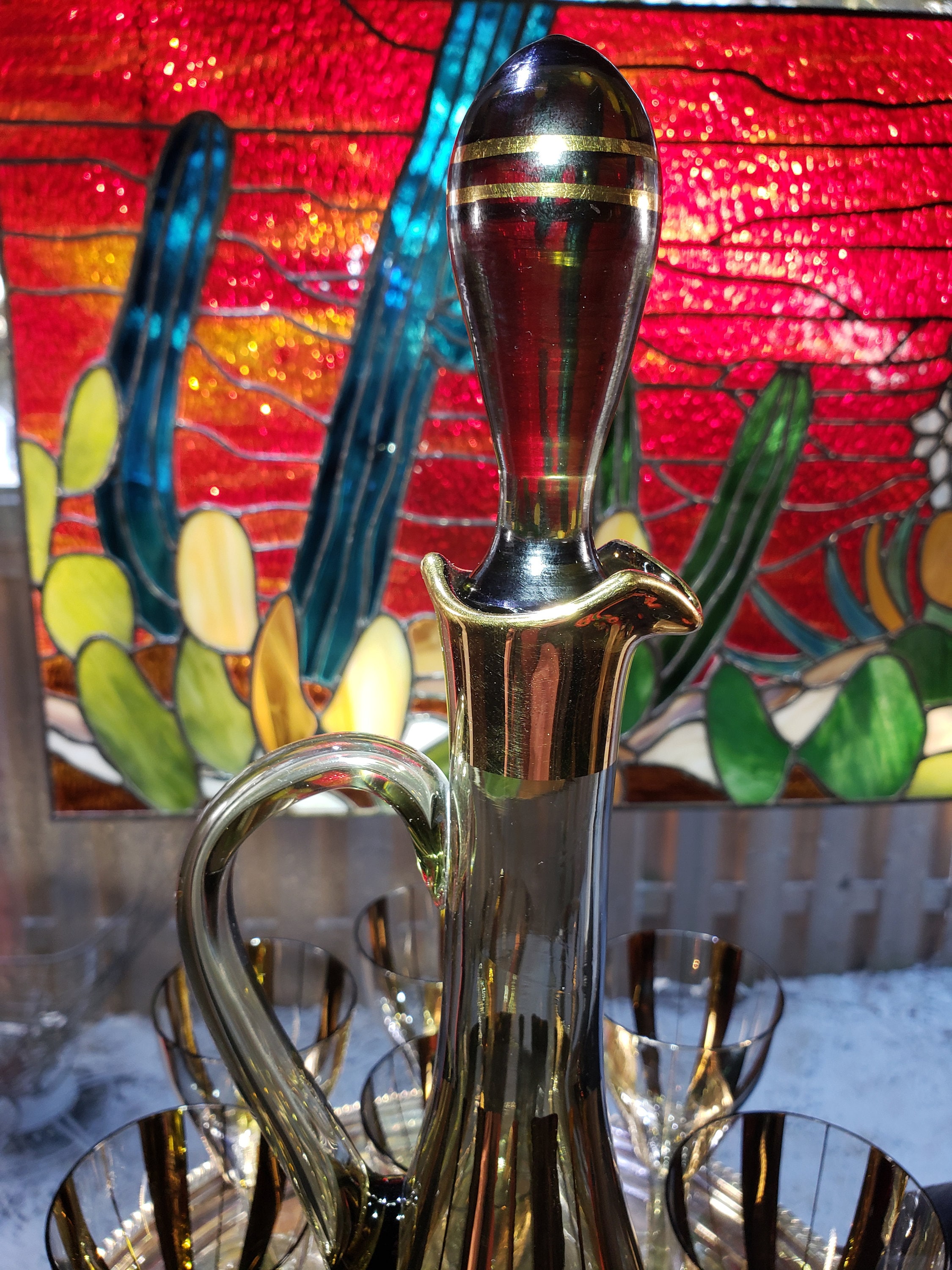 Vintage MCM Gold Decanter and Glass Set - Vintage Barware, Retro