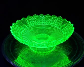 Vintage Vaseline Glass Cracker Bowl: Richards and Hartley EAPG, Three Panel Pattern
