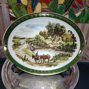 Vintage Royal Falcon Ware Oval Platter: Homestead Scene, Green Border