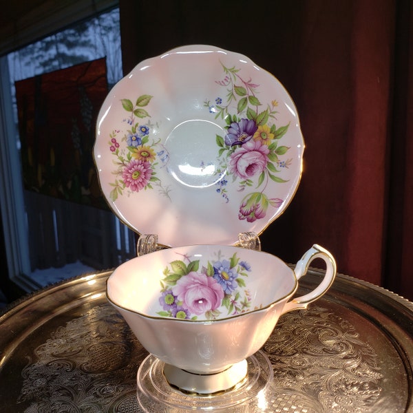 Queen Anne Bone China Teacup and Saucer - Pink, Blue & Purple Flowers