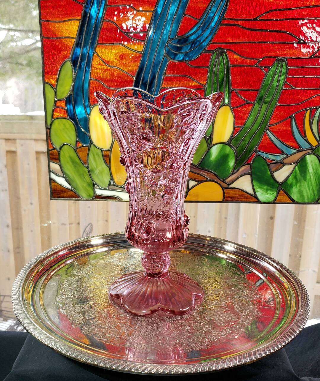 Vintage Fenton Pink Vase With Flower Pattern Pink Glass Vase, Fenton