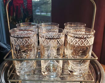 Pinwheel Glasses: Mid Century Modern Set (Gold White, 6 Pieces with Holder)