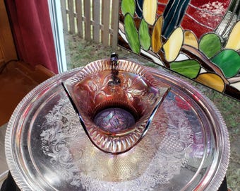 Carnival Glass Bowl: Handled Nappy Style (Rare Amethyst Color)