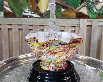 Vintage Franz Welz Czech Splatter Glass Basket With Thorn Handles