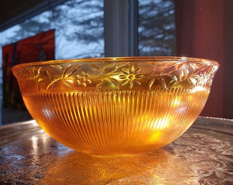 Imperial Sunset Orange Carnival Glass Fine Ribbed Bowl - Flower Pattern    >>> FREE SHIPPING <<<