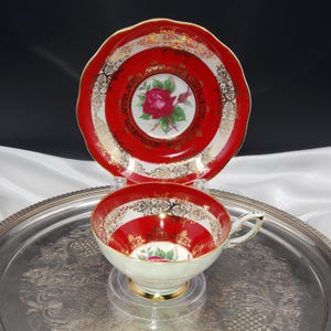 Vintage Royal Standard Teacup and Saucer -  Deep Red & Gold With Red Rose, English China, Gift For Mom, Christmas Gift, Free Shipping