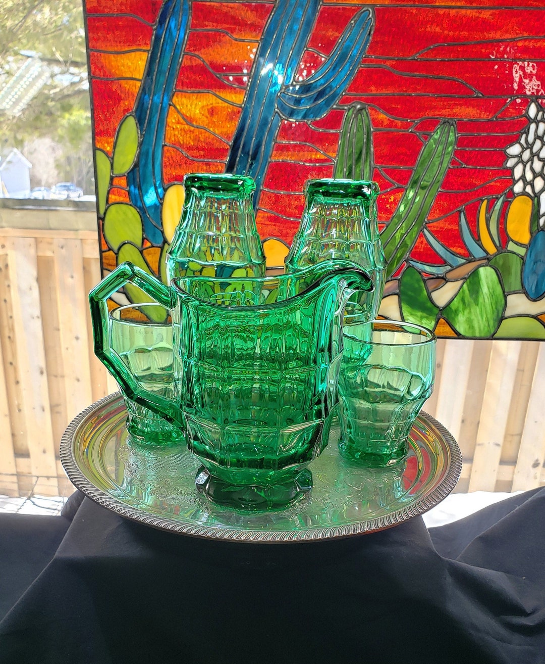Vintage Green Pitcher and Glass Set of 6 Vintage Pitcher