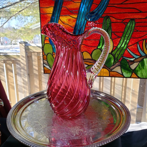 Vintage Pink Cranberry Swirl Art Glass 33 Oz Pitcher - Retro Pitcher, Art Glass Pitcher, Pink Decor  >>> FREE SHIPPING <<<