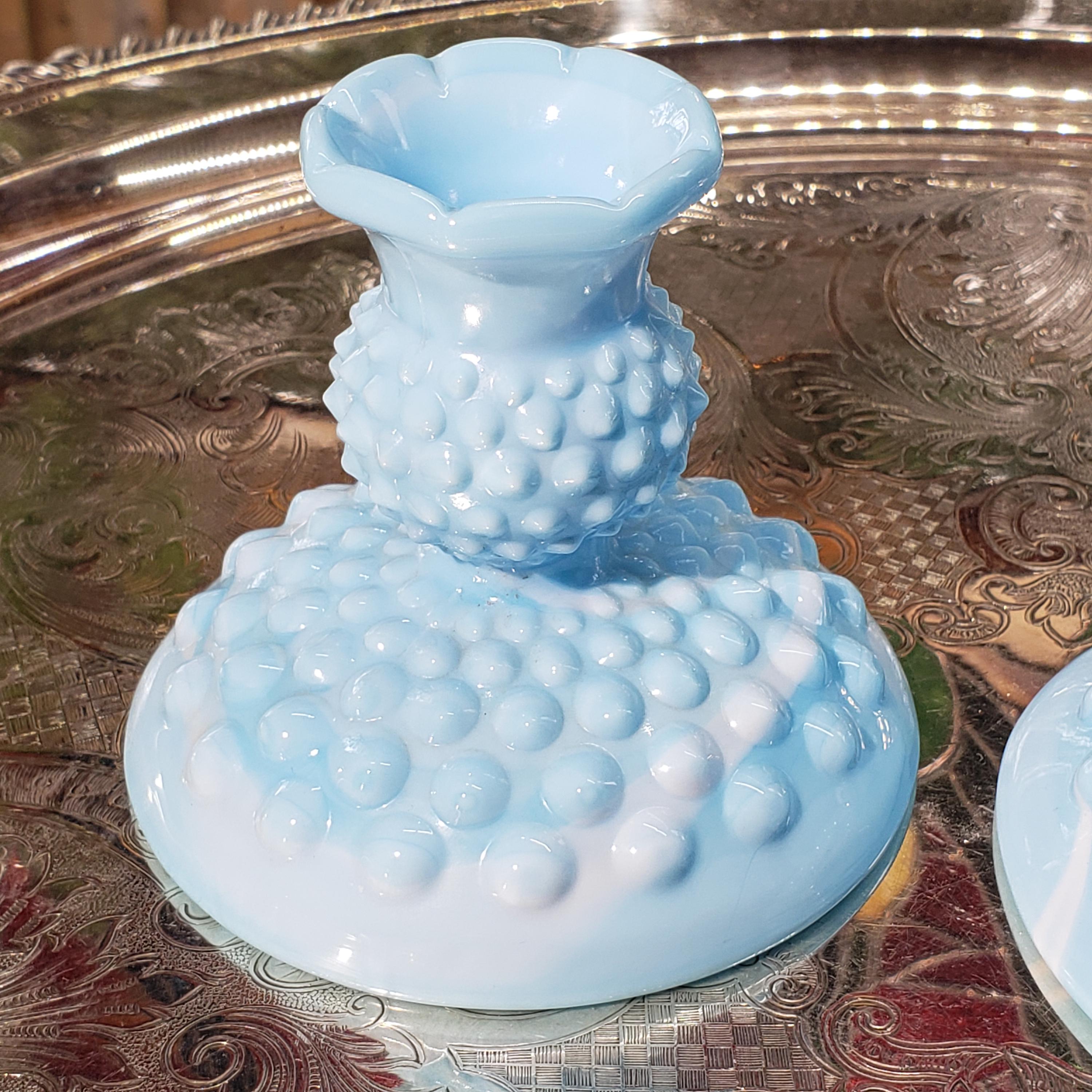 Vintage Fenton Hobnail Candle Stick Holders: Powder Blue & White