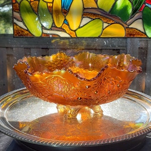 Vintage Fenton Orange Tree Carnival Glass Footed Bowl