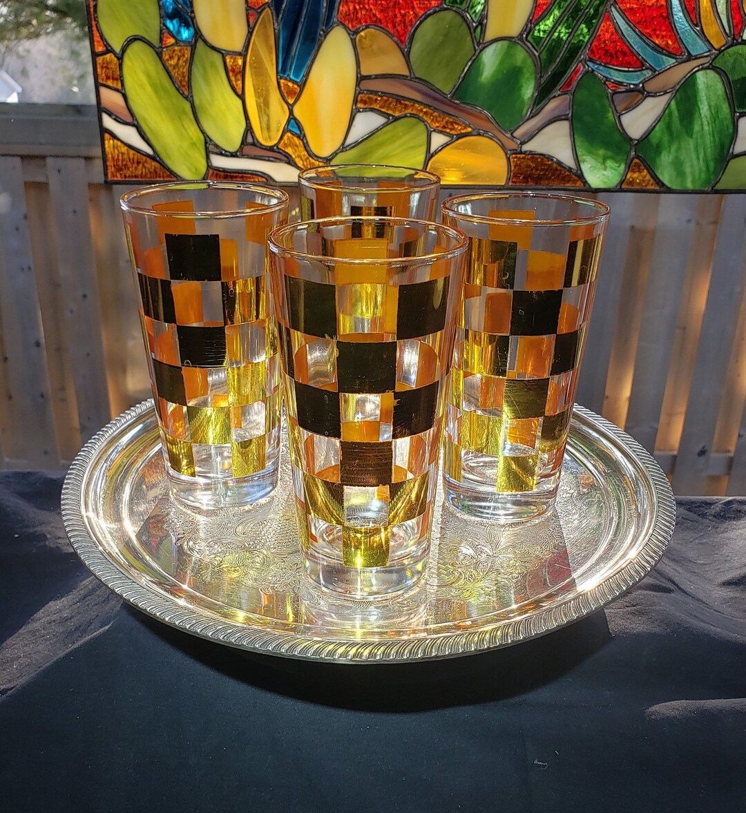 Vintage MCM Gold Checker Pattern Weighted Drinking Glasses Retro Decor
