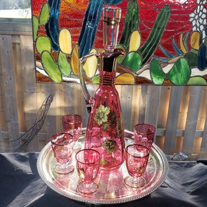 Vintage Bohemia Crystal Decanter Set: Deep Pink & Gold Floral Decor