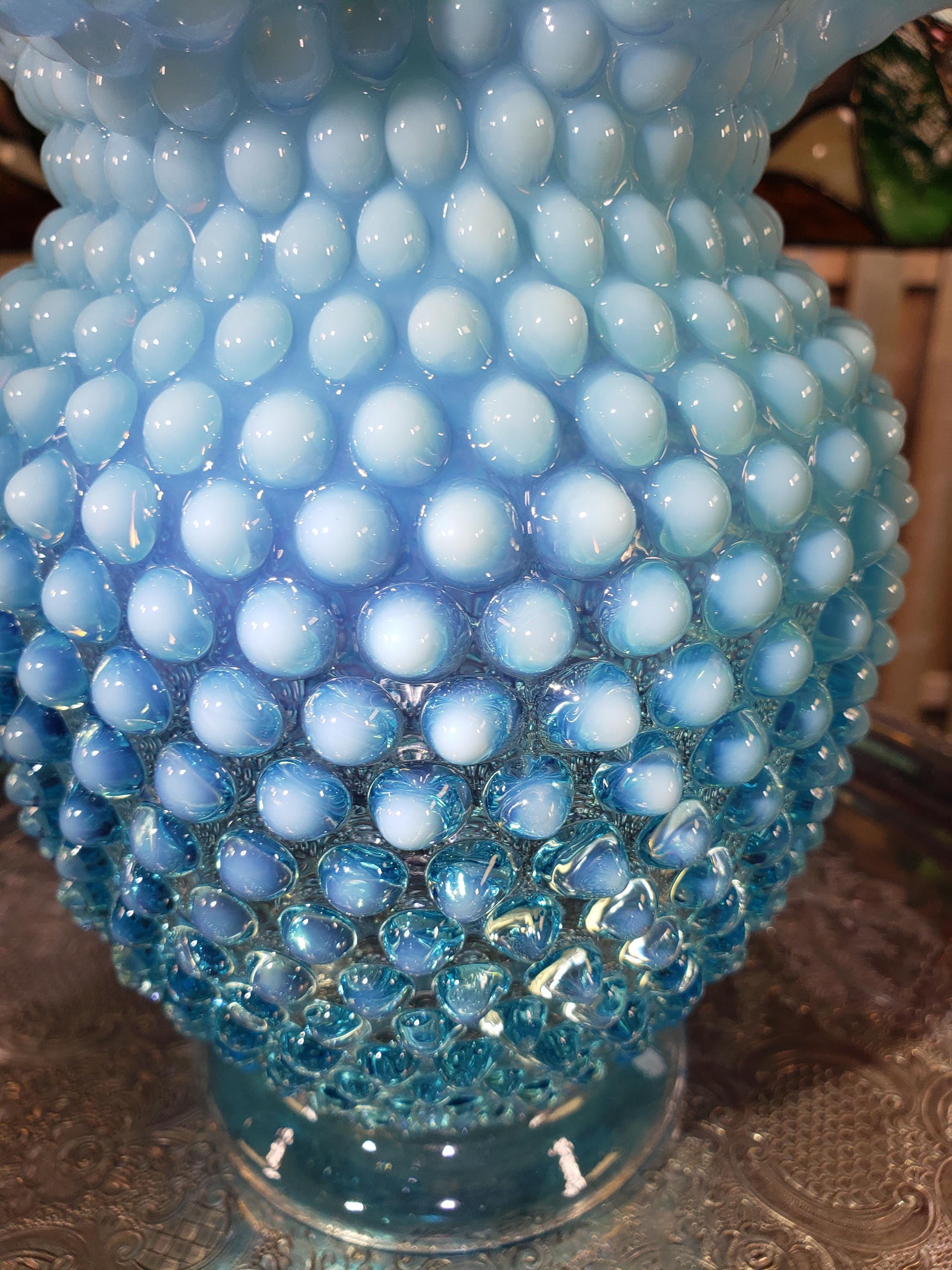 Large 8 Inch Vintage Fenton Hobnail Blue & White Vase - Blue