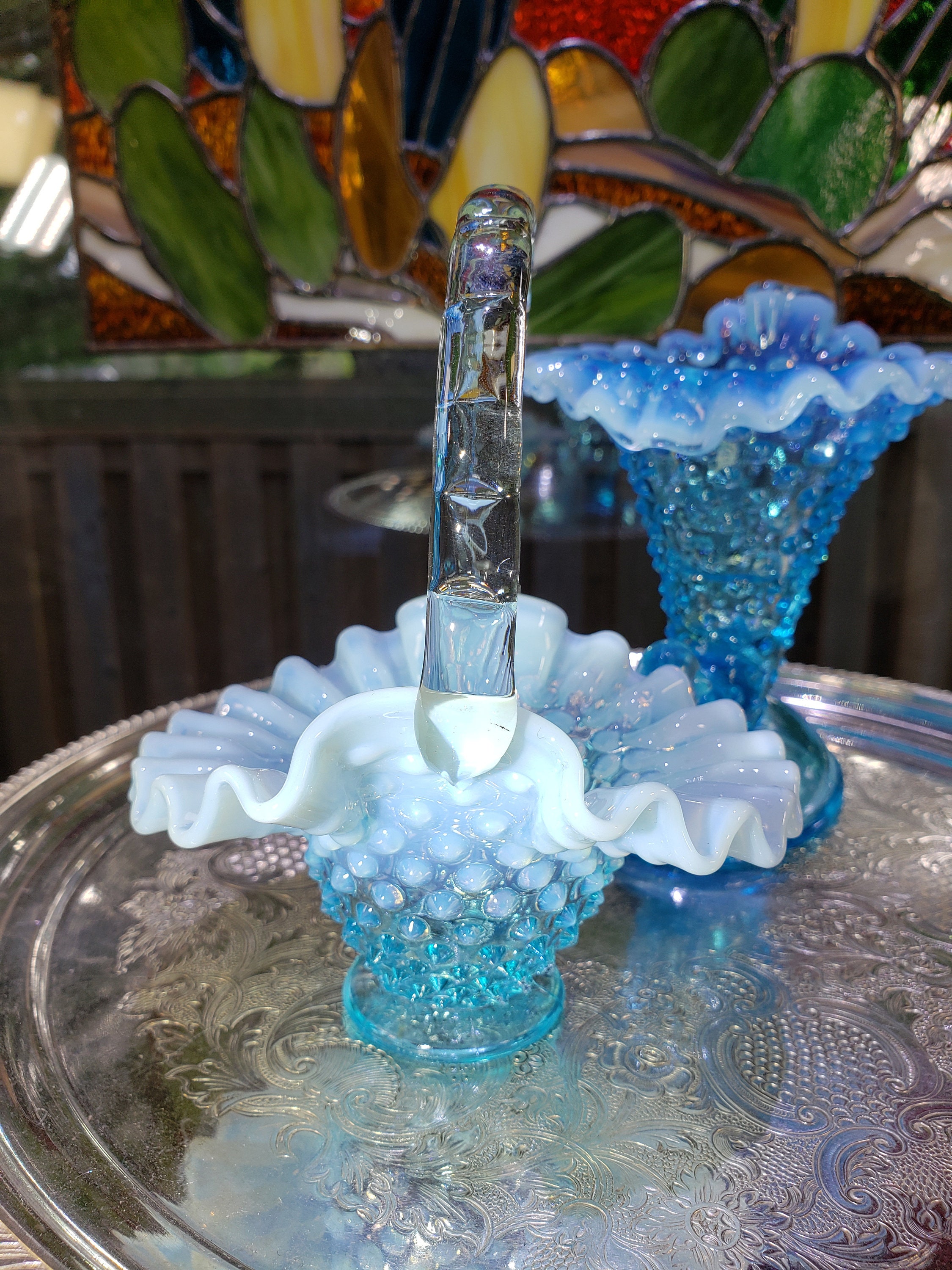 Vintage Fenton Opalescent Blue Hobnail Basket and Horn of Plenty