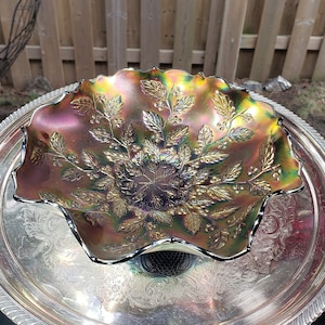 Vintage Iridescent Holly Fenton Carnival Glass  9 inch Bowl - Retro Bowl, Holly Dish, Fenton Glass