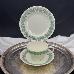 Vintage Wedgwood Etruria Queensware Cup Saucer Plate Set: Embossed Celadon Green Trim
