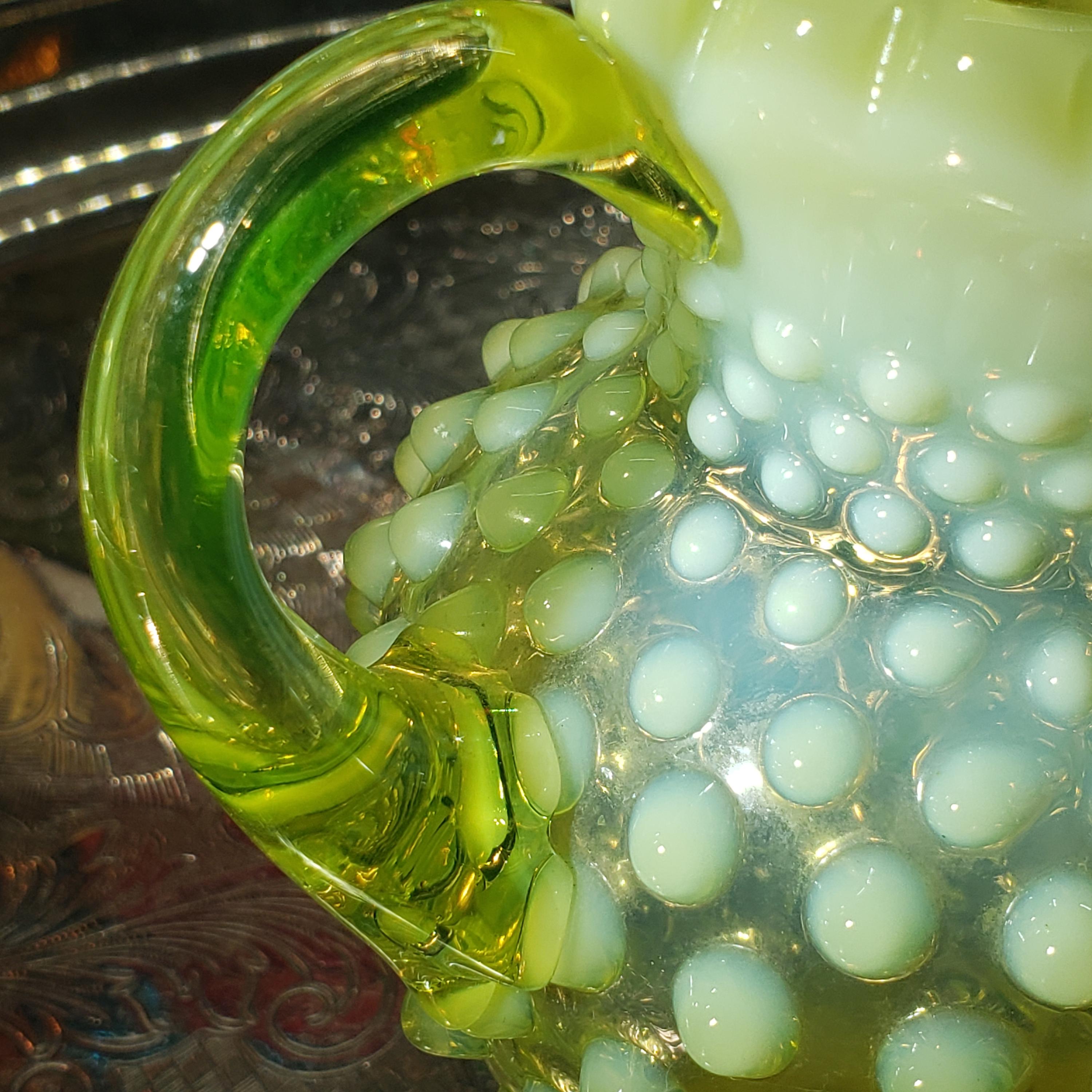 Vintage Fenton Hobnail Vaseline Glass Syrup Jug: Topaz Opalescent