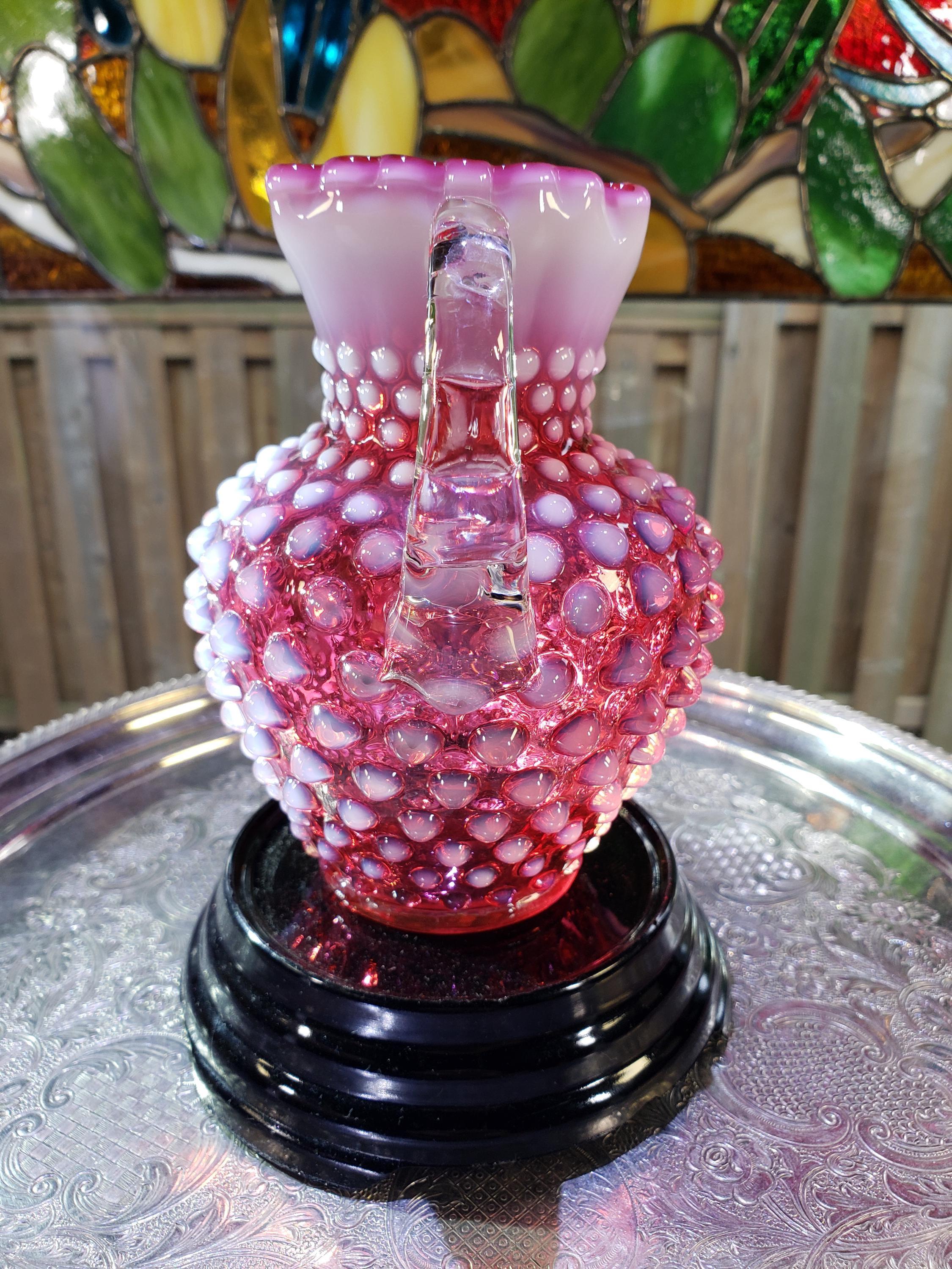 Fenton Glass Pitcher: Cranberry Pink Hobnail - Opalescent Vintage