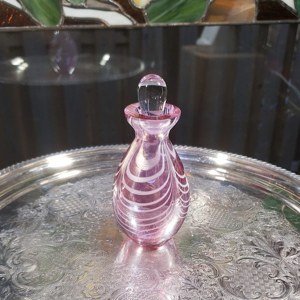 Retro Art Glass Pink and White Perfume Bottle & Dauber - Retro Decor, Retro Perfume Bottle, Bedroom Decor >>> FREE SHIPPING <<<