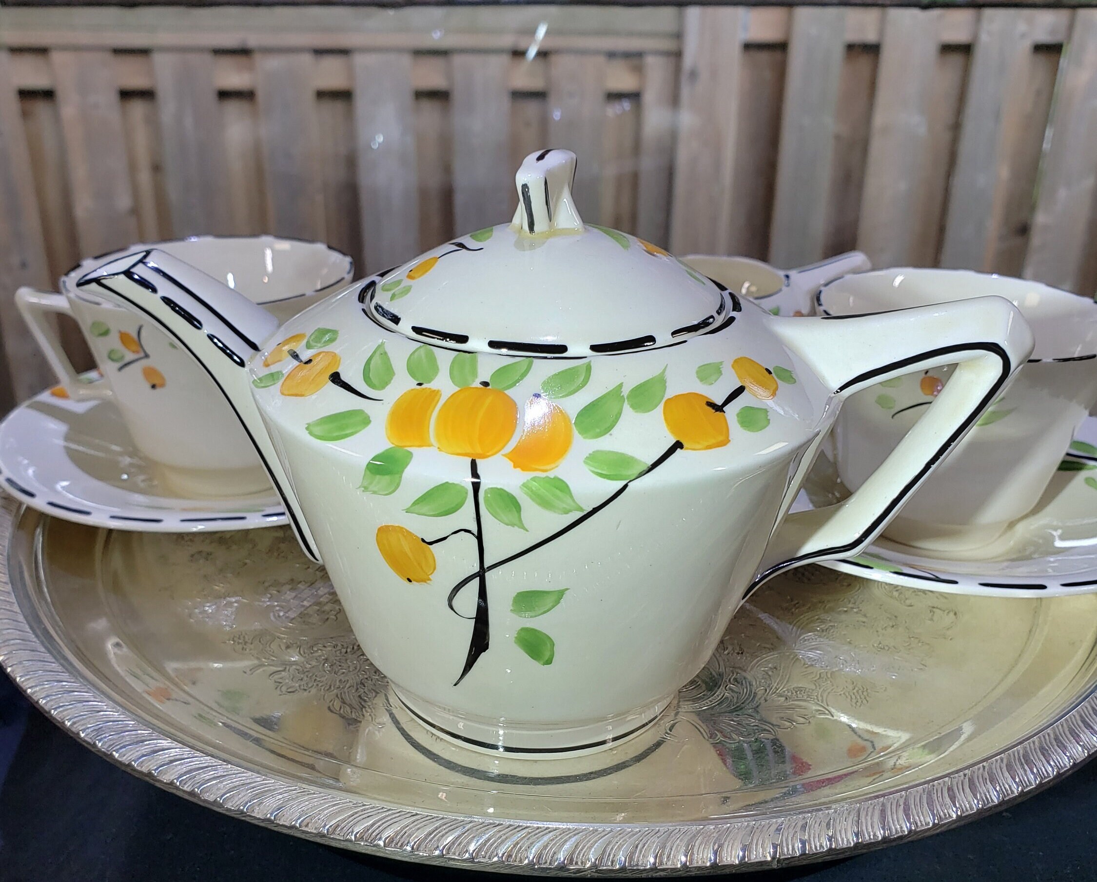 Vintage Crown Ducal Tea Set: Art Deco Orange Tree, Victory Shape