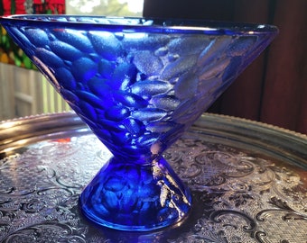 Cobalt Blue Glass Textured Footed Glass Bowl, Mid Century Modern, Retro Decor, Trinket Tray, Blue Compote         >>> FREE SHIPPING <<<