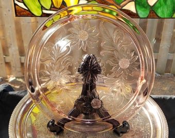 Vintage Jeanette Pink Depression Glass Cake Plate – Sunflower Design, 1930s