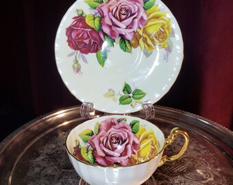 Vintage RARE Aynsley Large Pink Cabbage Roses Yellow Bread and Butter Plate 6 14 Made in England