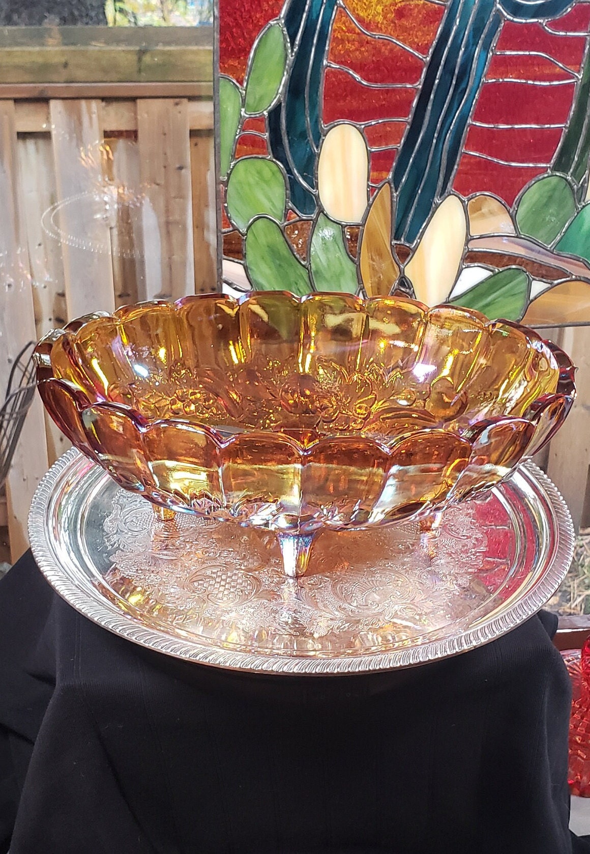 Vintage Indiana Glass Iridescent Orange Carnival Glass Fruit Bowl