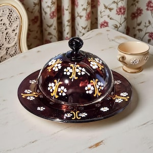 Covered Butter Dish: Amethyst Glass - Hand Painted Floral