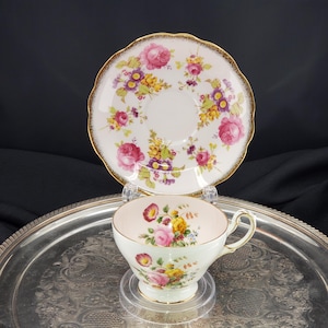 Vintage Foley Porcelain Pink and White Teacup & Saucer, Mixed Flowers, Gift For Mom, Gift For Her, Christmas Gift, Free Shipping